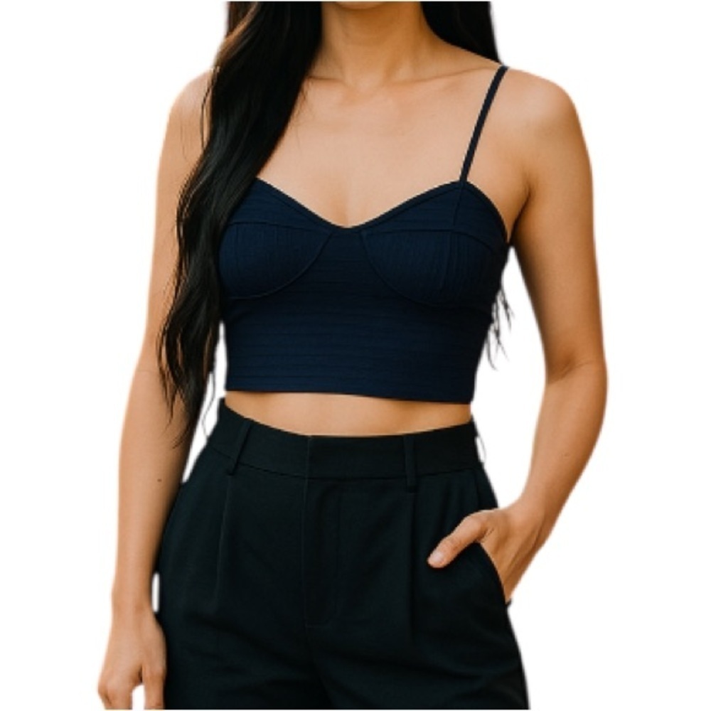 GARAGE Ribbed Corset Cropped Top Black Bustier Adjustable Spaghetti Straps M